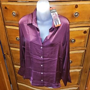 Express Women's Deep Purple Button Down Satin Shirt